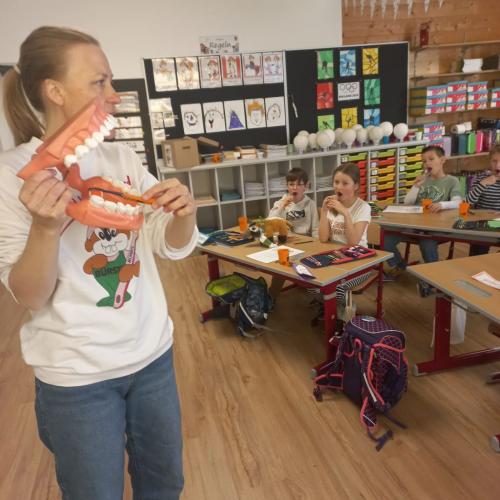 Elfi beim Erklären des richtigen Zähneputzens. 